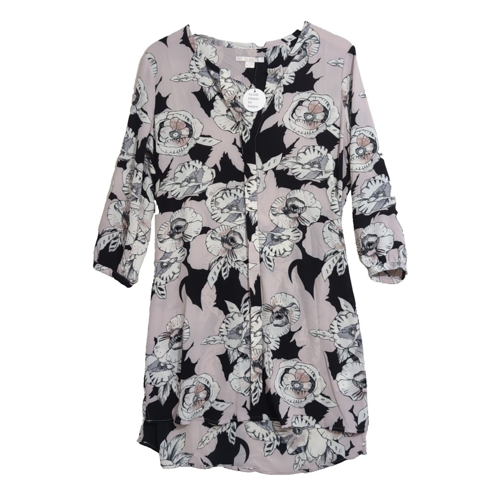 C&E Tunic Dress‎ Womens M Pink Black Floral Lightweight Business Casual Feminine